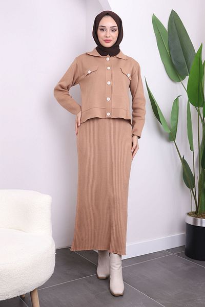 İmajButik Μπισκότο Crop Jacket Φόρεμα Διπλό Συνδυαστικό Πλεκτό Σετ