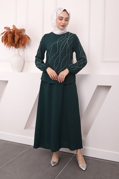 İmajButik Σετ Σμαραγδένια Πράσινη Φούστα - Λεπτομέρεια μπροστινό μανίκι
