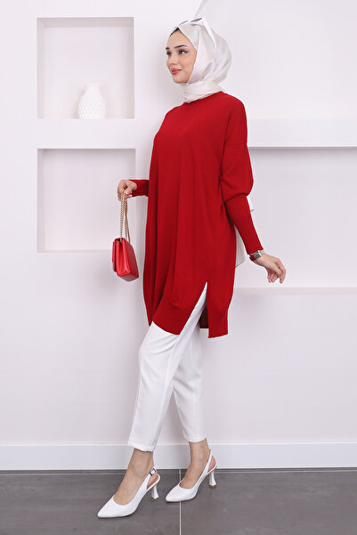 İmajButik Claret Red Crew Neck Mercerized Casual Knitwear Tunic