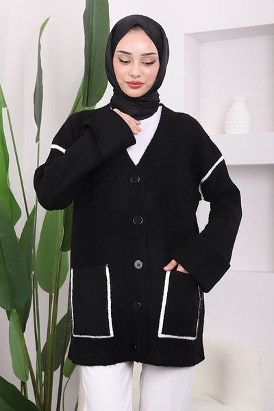 İmajButik Μαύρη πλεκτή ζακέτα με διπλή τσέπη