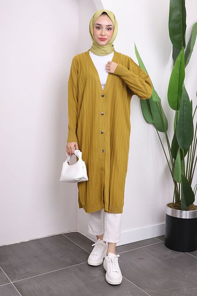 İmajButik Oil Green Buttoned Long Knitwear Mercerized Cardigan