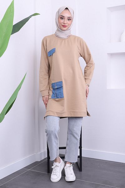 İmajButik Mink Denim Detailed Crew Neck Two Thread Tunic