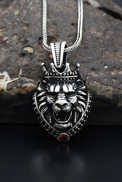 Prestige Kral Taclı Aslan Figürlü 925 Ayar Erkek Gümüş Kolye Zincir