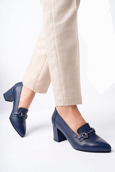 Deripabuc Genuine Leather Navy Blue Women's Heeled Leather Shoes Shn-0956