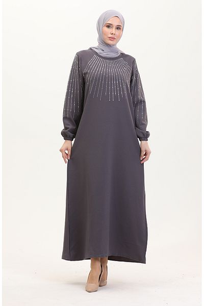 sefamerve Anthrazitfarbenes Abendkleid mit Steindetails – 0521-04