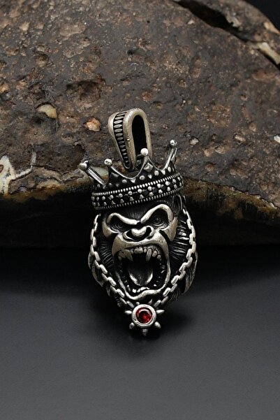 Prestige Kral Taçlı Goril Figürlü Kolye Ucu 925 Ayar Gümüş