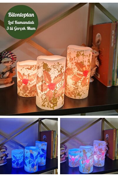 Deco Elit Yılbaşı Noel Temalı 3 lü Set Led Gerçek Mum Kumandalı 9 Renk Yanabi...