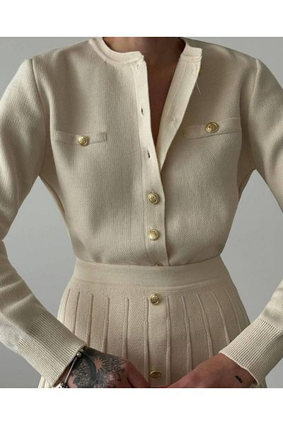 alenmoda Knitwear Gold Buttoned Pleated Skirt Bottom Top Set