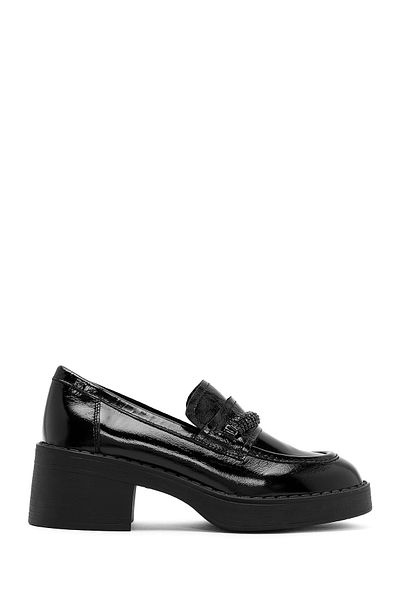 Derimod Black Patent Leather Thick Heeled Women's Shoes - 24Wfd 511216