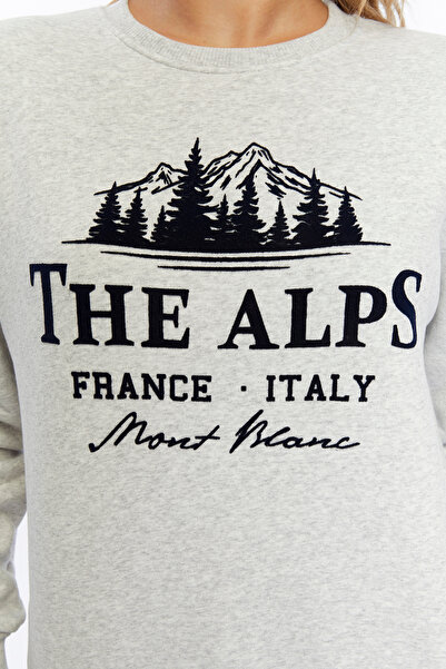 Gidia Velvet the Alps Patterned Gray Melange Soft Textured Regular Fit Crew Neck Women's Sweatshirt