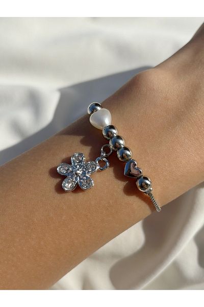 Eylülün Takısı Women's Silver Color Dangle Stone Flower Bracelet