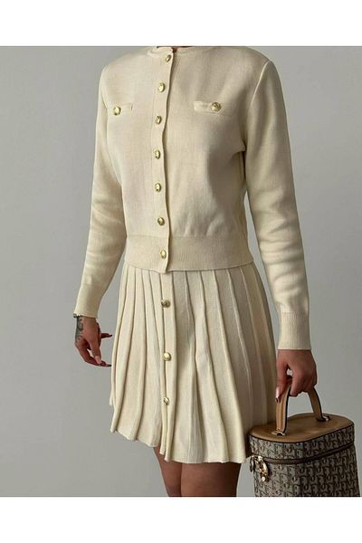 alenmoda Knitwear Gold Buttoned Pleated Skirt Bottom Top Set