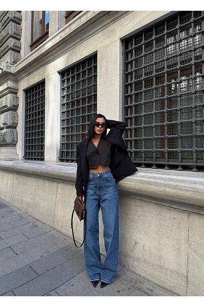 HLT JEANS Blugi largi albastru închis cu talie înaltă - Pantaloni din denim cu croiala relaxată fără Lycra SCARLET-2190