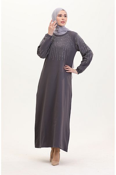 sefamerve Anthrazitfarbenes Abendkleid mit Steindetails – 0521-04
