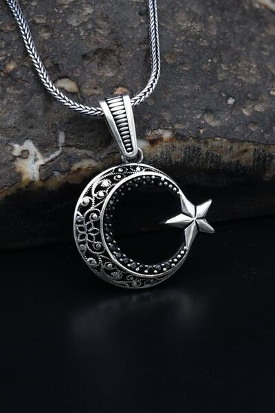 Prestige Ay Yıldızlı (AYYILDIZLI) 925 Ayar Gümüş Kolye Zincir Siyah Mikro Taş...
