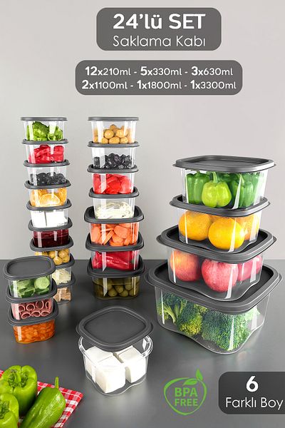 Meleni Home 24-Piece Food Storage Set - Anthracite Refrigerator and Freezer Container, Microwave Anthracite