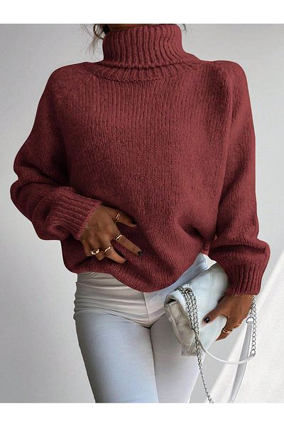Figo Pulover din tricot cu nervuri - Gât roscat, mânecă raglan