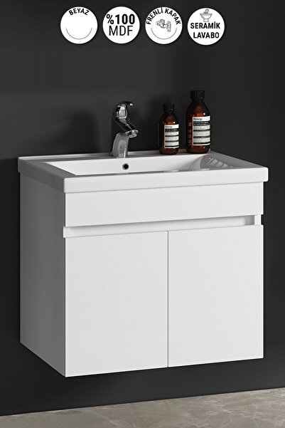 ÖZCEDEN Çiğdem 65 Cm Beyaz MDF Seramik Lavabolu Asma Banyo Alt Dolabı