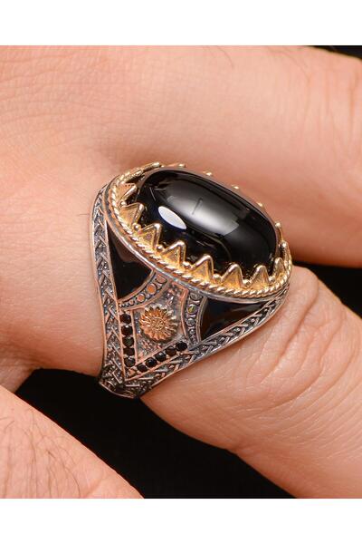 Prestige Gümüş Erkek Yüzük Siyah Oniks Taşlı Zirkon Taş Süslemeli