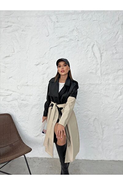 VESS MODA DÁMSKÝ DVOBAREVNÝ DLOUHÝ KOŽENÝ TRENČKOT S VÝSTRAŽNÝM PÁSKEM A VNITŘNÍ VÝSTRAŽNÍ VLOŽKOU