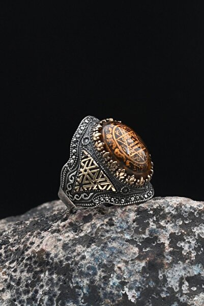 Prestige Özel Tasarım 925 Ayar Gümüş Erkek Yüzüğü Hz. Süleyman Mührü Sıkma Ke...