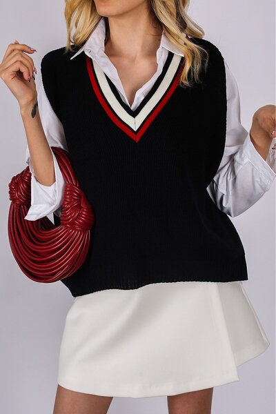 Madmext Sötét sötétkék V-nyakú csíkos női pulóver