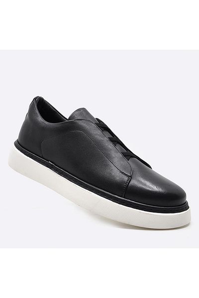 Fosco Black Genuine Leather Sneakers - Men's Shoes 9962