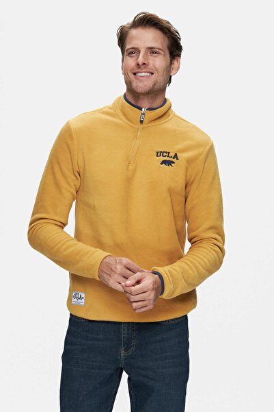 UCLA Cornıng Yellow Half Zipper Embroidered Fleece Stand Collar Standard Fit Men's Sweatshirt