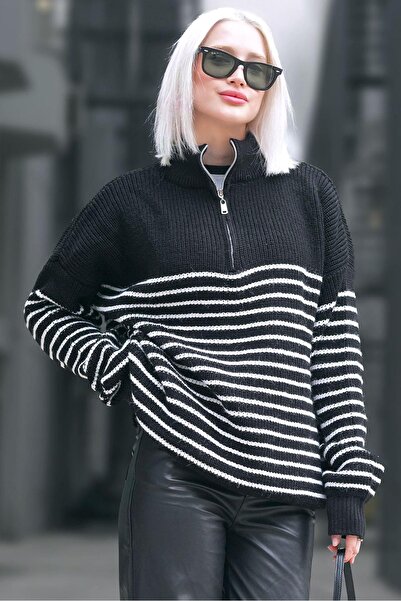 Madmext Pulover negru cu fermoar în dungi pentru femei Mg1261
