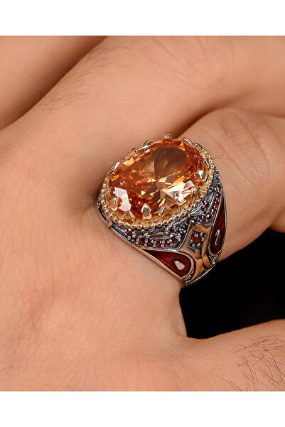 Prestige 925 Ayar Gümüş Erkek Yüzüğü Şampanya Topaz Taşlı Zirkon Taş Süslemeli