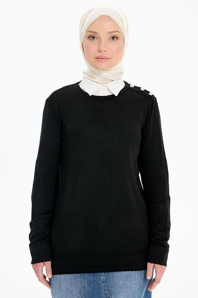 Tuğba Bluză din raion cu detaliu nasturi pe umăr - neagră