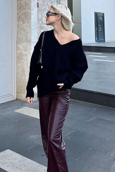 Madmext Pulover negru oversize tricotaj cu decolteu în V Mg1440