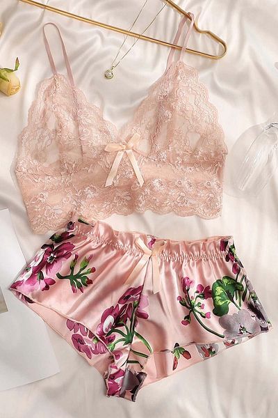 Merry See Spitzen-Bustier-Blumen-BH-Shorts-Pyjama-Set