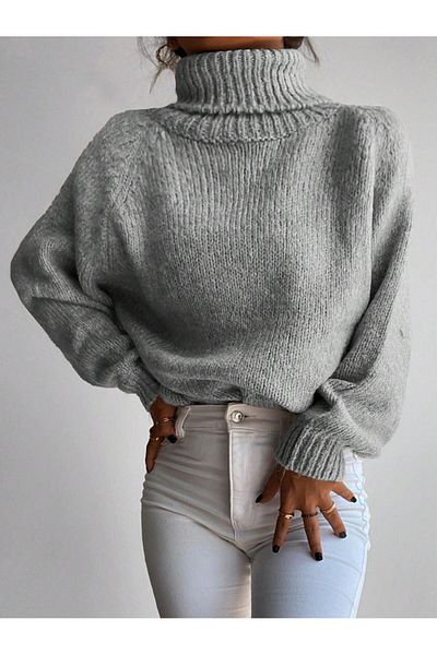 Figo Pulover din tricot cu nervuri - Gât roscat, mânecă raglan