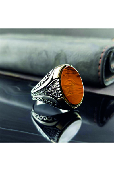 OSMANLI GÜMÜŞ Mikro Taşlı Sarı Kehribar Gümüş Erkek Yüzük Gyzgmsbgumu