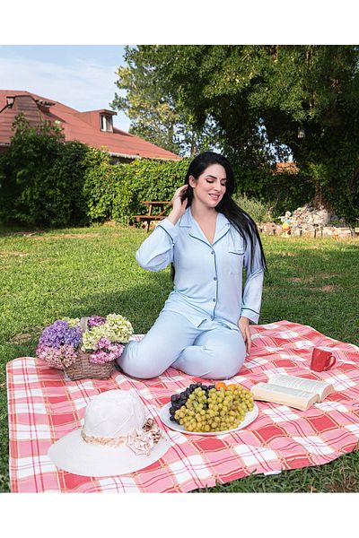 JENİKA Costum de pijama cu mânecă lungă, cu detaliu de țevi de culoare albastră