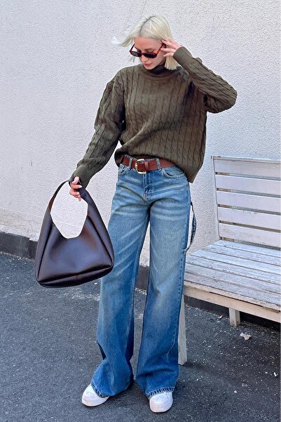 Madmext Yeşil Balıkçı Yaka Dokulu Kadın Kazak MG2197