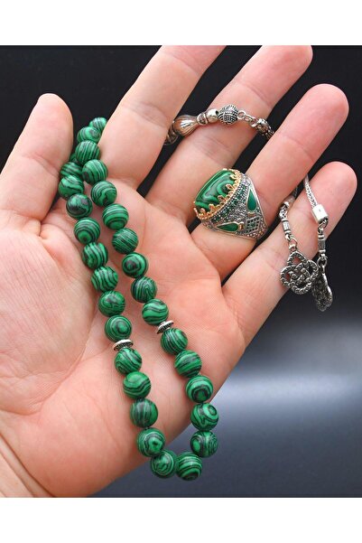 Prestige 925 Ayar Gümüş Erkek Yüzüğü Malakit Taşlı Ve Malakit Taşlı Tesbih Seti
