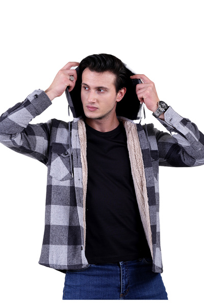 Exve Exclusive Siyah Gri Ekose Dama Kareli Kapüşonlu Içi Yün Kürklü Kışlık Oduncu Ceket Gömlek