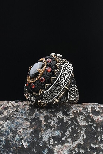 Prestige Özel Tasarım Sıkma Kehribar Ve Siyah Zirkon Taşlı Gümüş Erkek Yüzüğü...