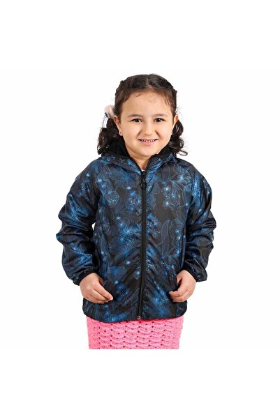 bebegen Girl's Black Blue Floral Patterned Fleece Raincoat