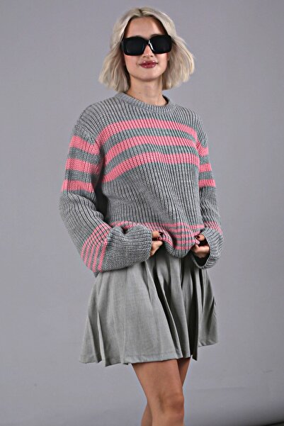 Madmext Gri Çizgili Triko Kazak Mg1585