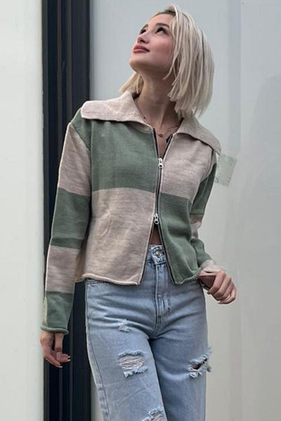 Madmext Green Zippered Knitwear Cardigan Mg1391