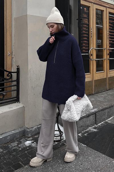 Madmext Marineblauer Oversize-Pullover mit Reißverschlusskragen MG1946