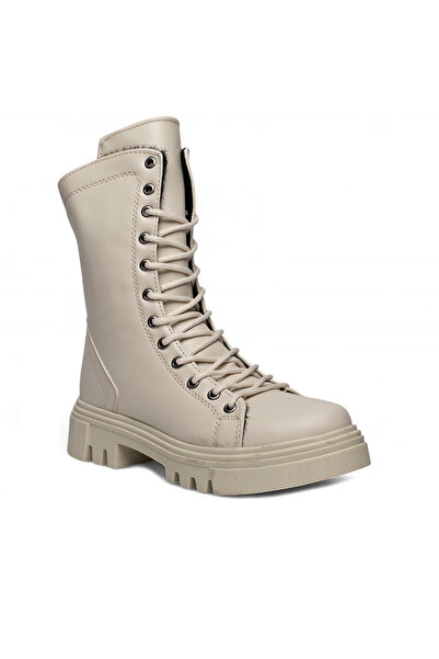 grijak Μπεζ δερμάτινες μπότες με φερμουάρ και κορδόνια