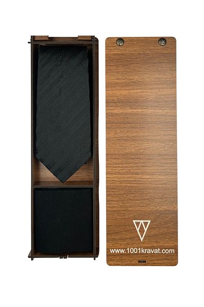 1001 Kravat Men's Gift Set with Wooden Box Black Classic Silk Tie and Bamboo Socks