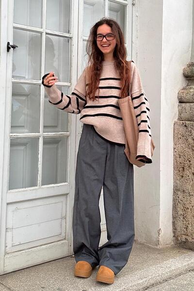 Madmext Sand Color Crew Neck Striped Sweater MG1958