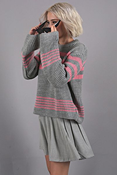 Madmext Gray Striped Knitwear Sweater Mg1585