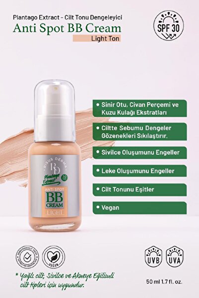RD RİSUS DERMA Anti Spot BB Krem/Light/Vegan/Yağlı ciltlerde sivilce ve akne ...