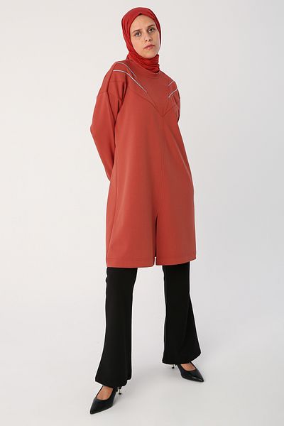 ALLDAY Orange Slit Silvery Ribbed Neckline Detailed Tunic